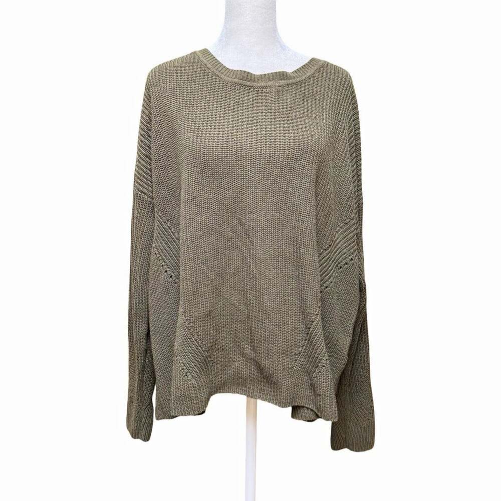 Lucky Brand Olive Ribbed Knit Crewneck Lace-Up Pullover Cotton Sweater XL